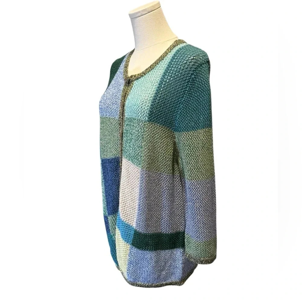 Patchwork Cottagecore Open Knit Blue Green Button Cardigan Sweater Womens Large - Picture 6 of 13
